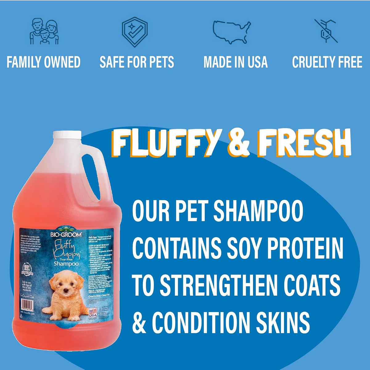 bio-groom fluffy puppy tear-free shampoo, dog bathing supplies, close-up detail