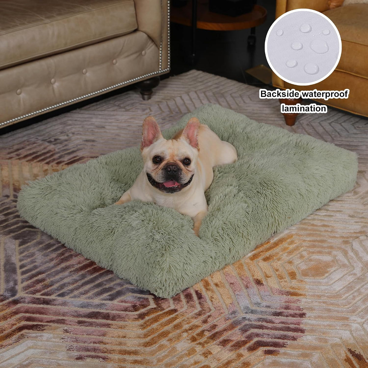 bedfolks waterproof dog crate bed, plush large dog shown in use