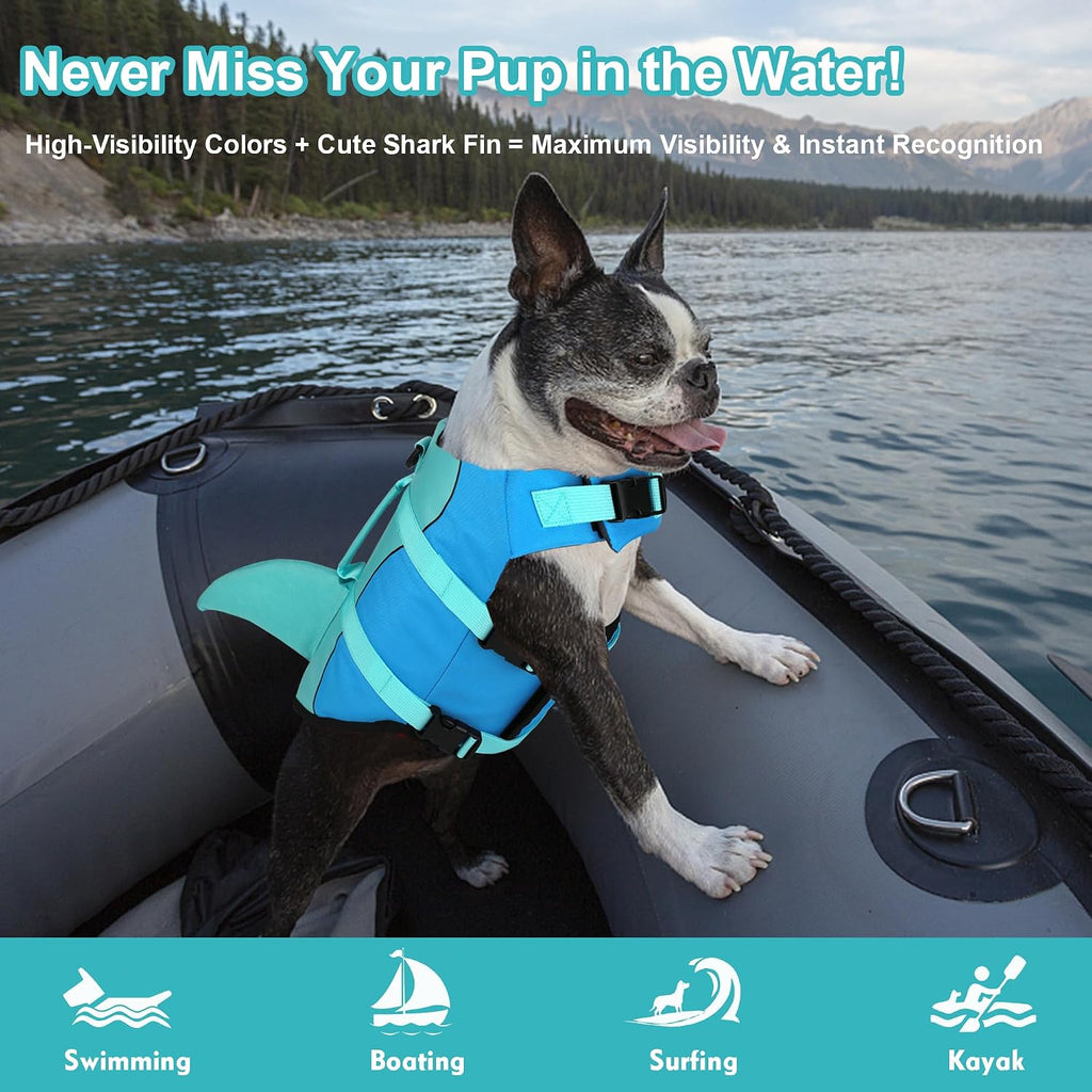dogcheer dog life jacket, cute shark dog life, front angle view