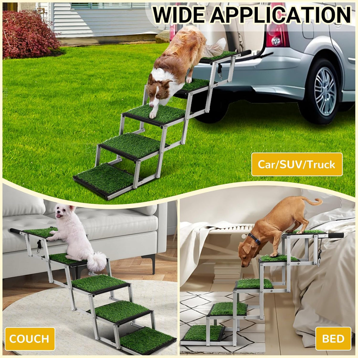 grass dog stairs for car,non-slip folding dog ramps showing dimensions