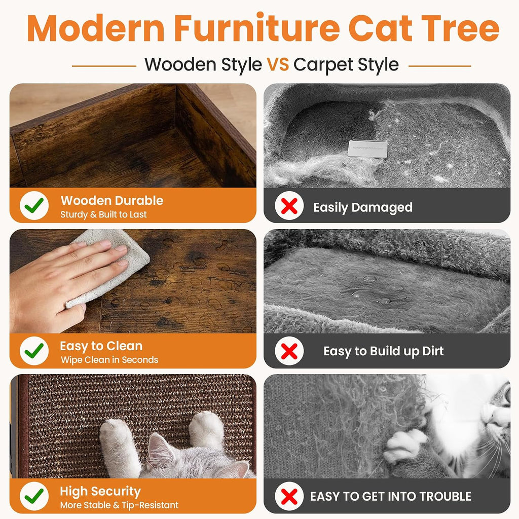 48in wood modern cat tree for large indoor, front angle view
