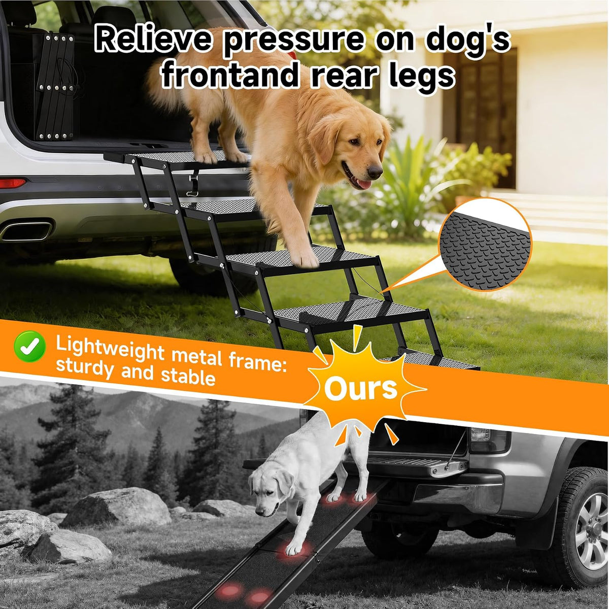 6-step dog stairs for car, foldable pet steps shown in use