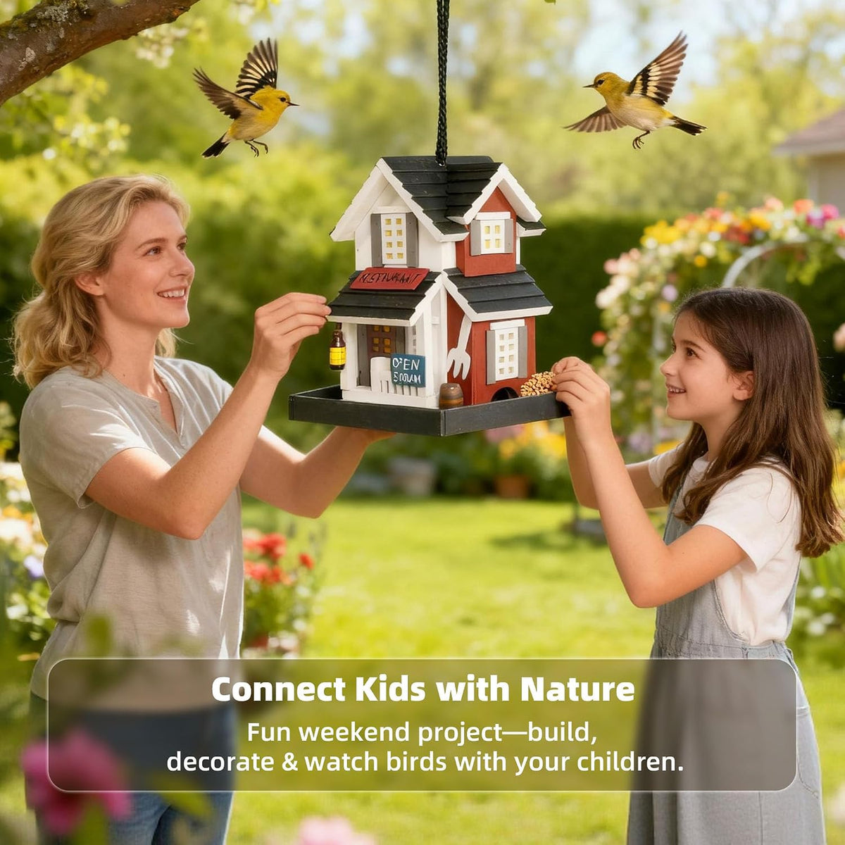 mewang nature's elegance bird feeder - wooden bird showing dimensions