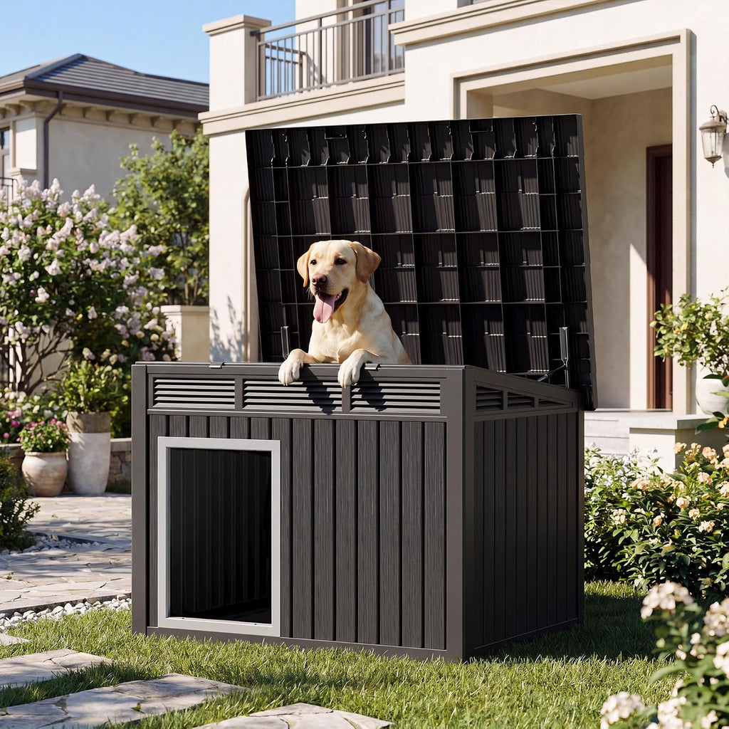 fancyango outdoor dog house for large dogs, outside shown in use