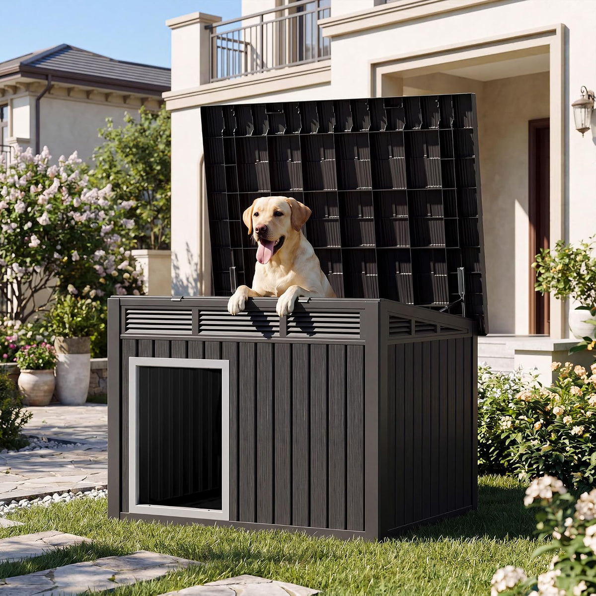 fancyango outdoor dog house for large dogs, outside shown in use
