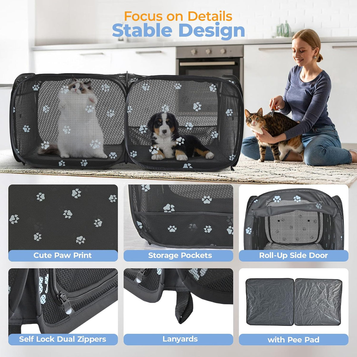 2-in-1 dog playpen 46.5''pop up cat pet playpen showing dimensions