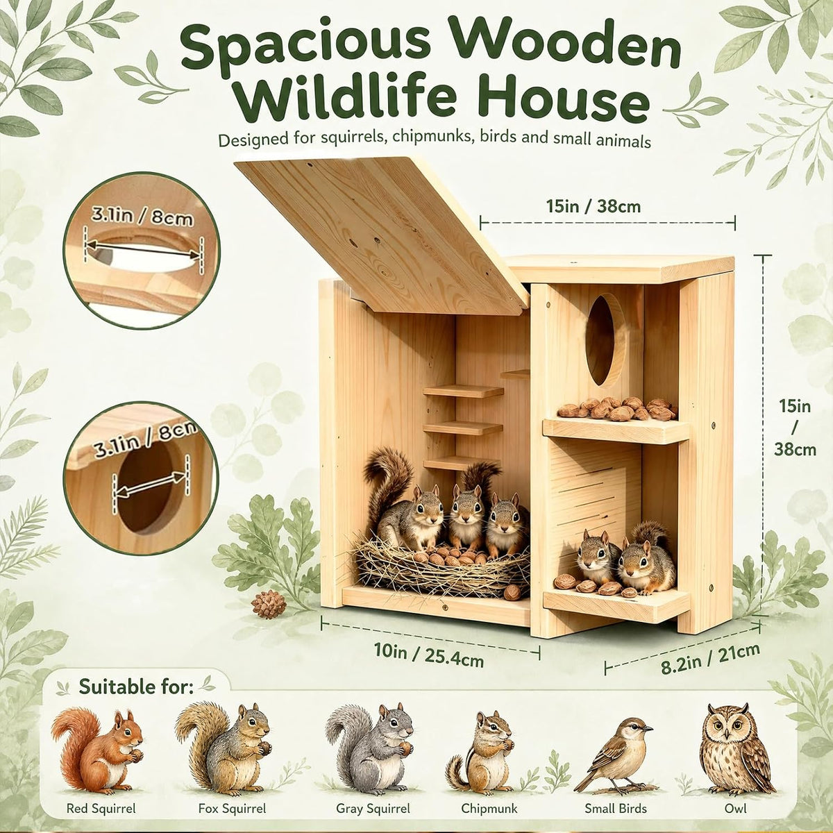 large wooden squirrel house for outside, 2-in-1 squirrel shown in use