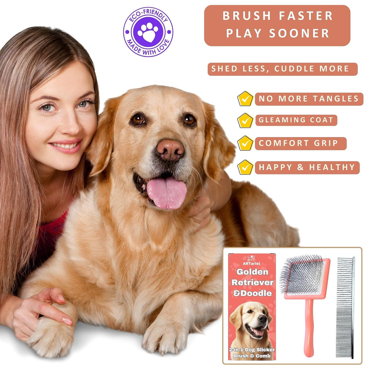 2-in-1 dog slicker brush & comb for golden shown in use