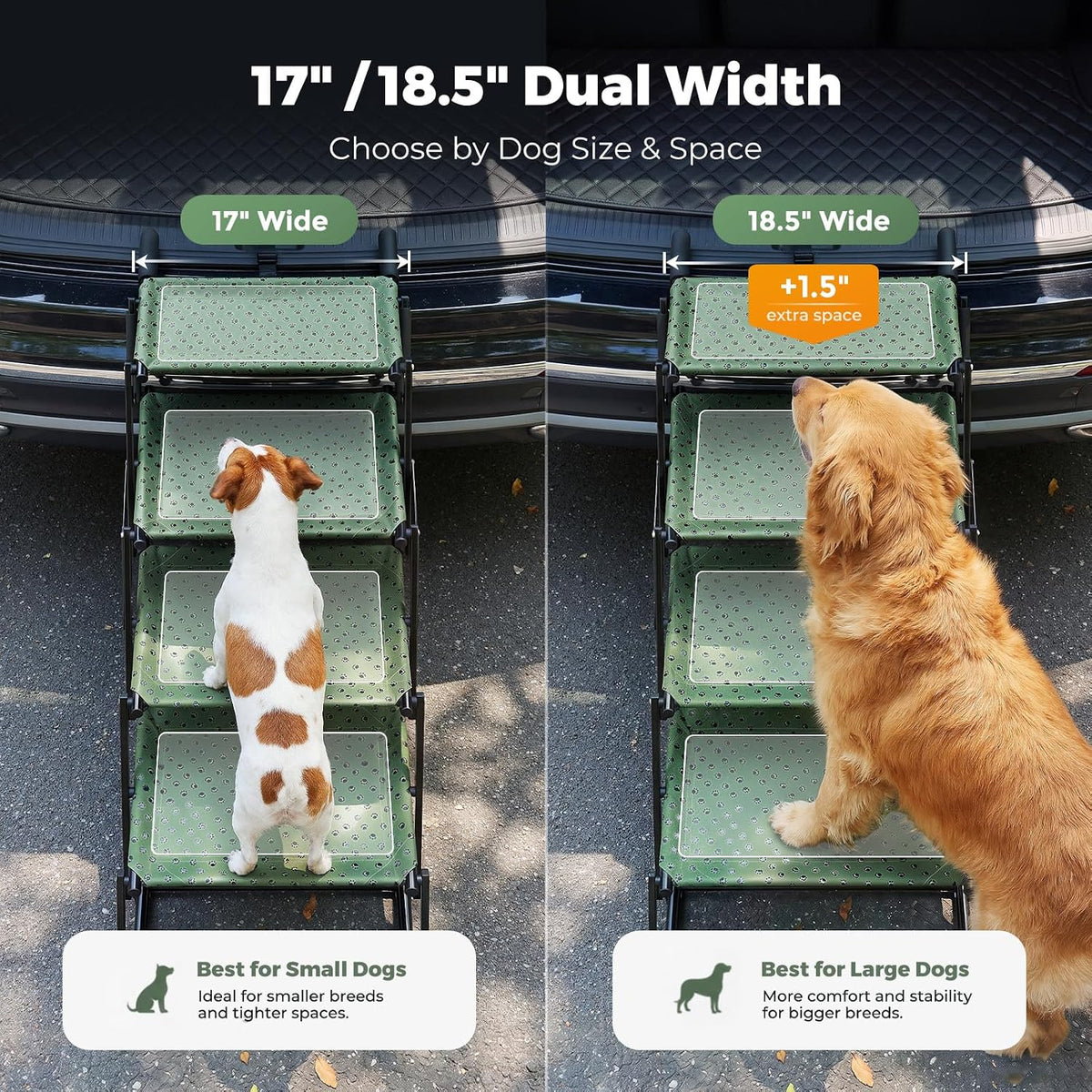 4‑step dog stairs for car trunk, 17" wide shown in use