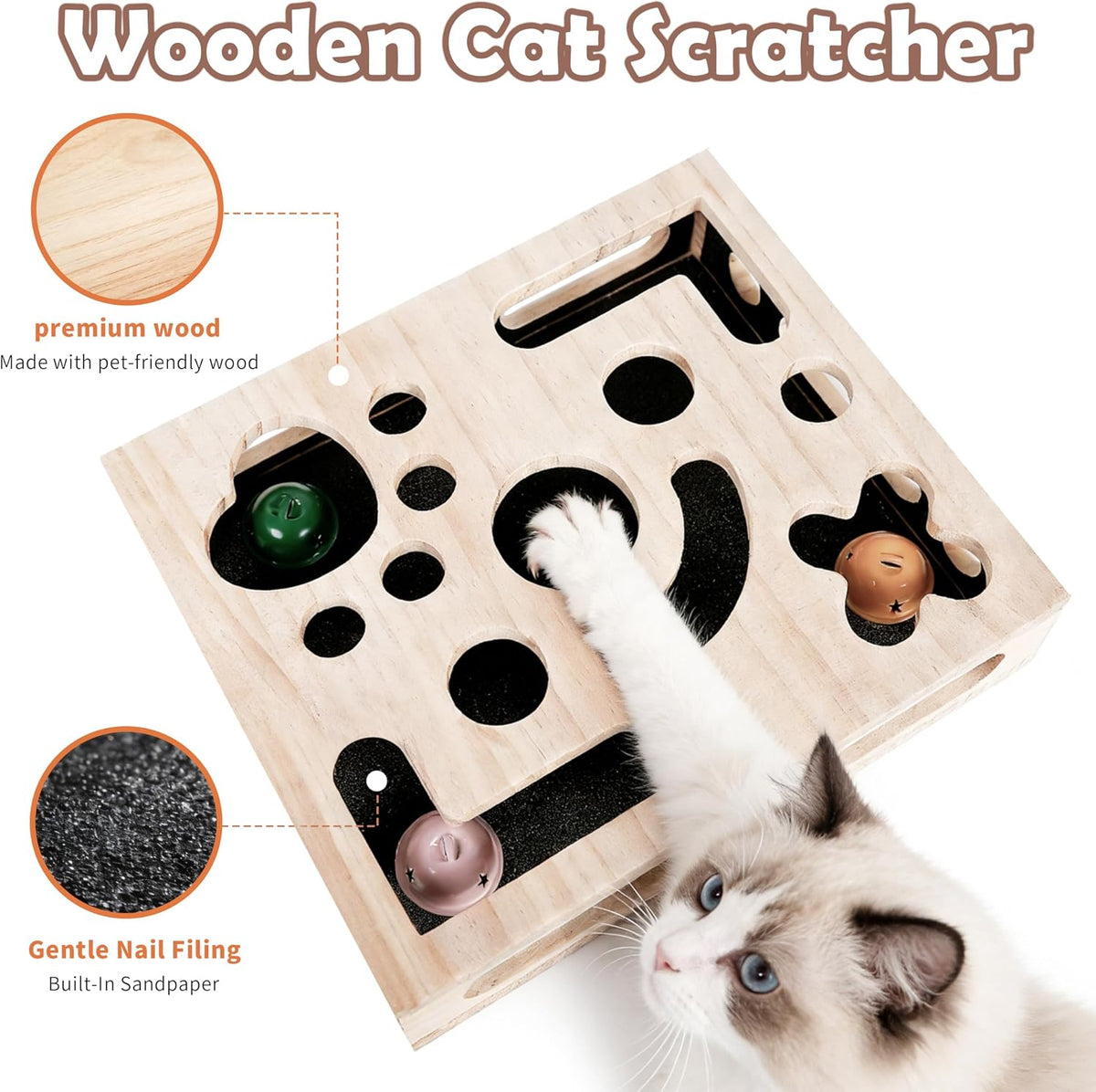 cat nail file enrichment box, wood puzzle scratcher showing dimensions