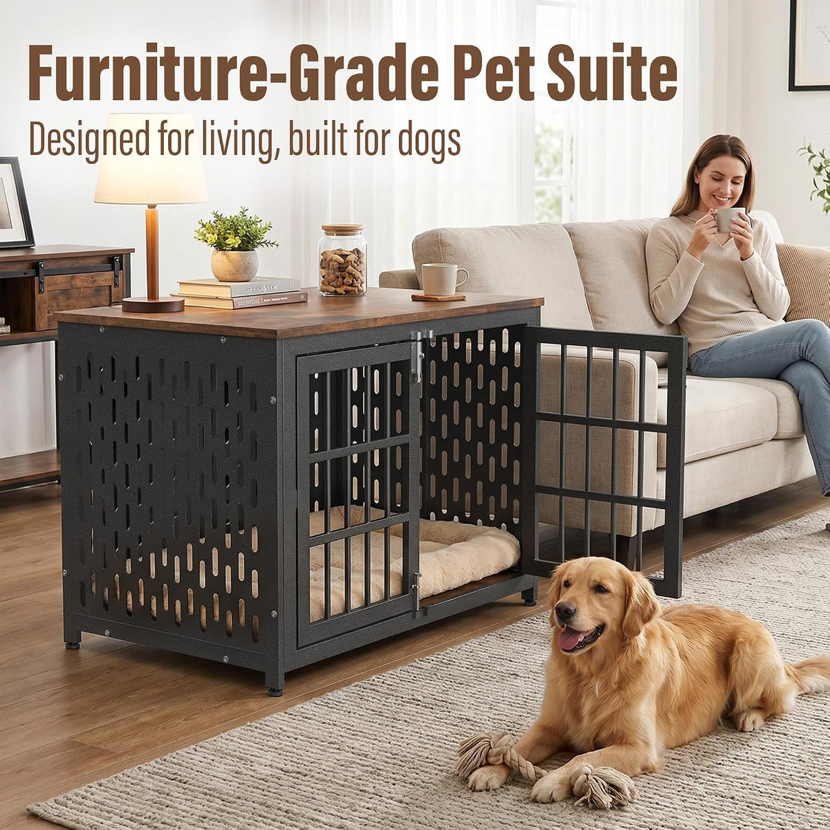 heavy duty dog crate furniture, decorative dog cage shown in use