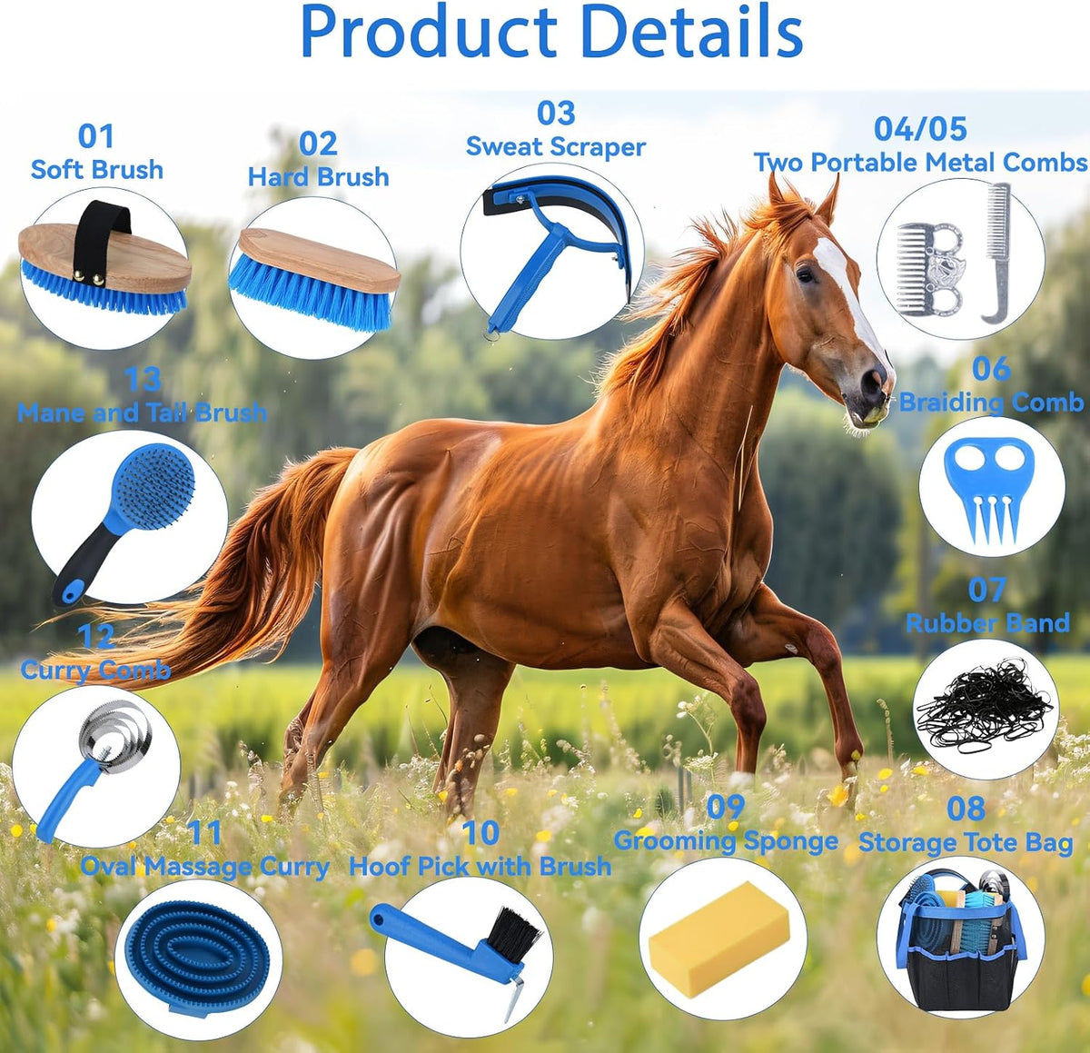 13 piece horse grooming kit, horse brushes for, side view