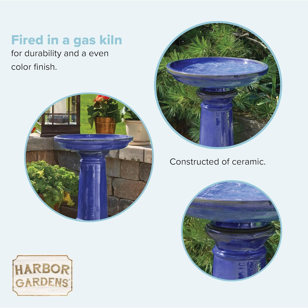 0920es ceramic bird bath, cobalt blue showing dimensions