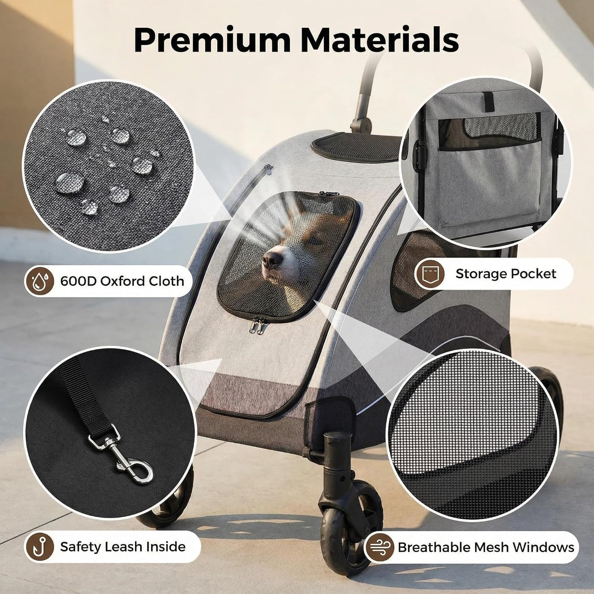 garvee extra large dog stroller with steel pipe, close-up detail