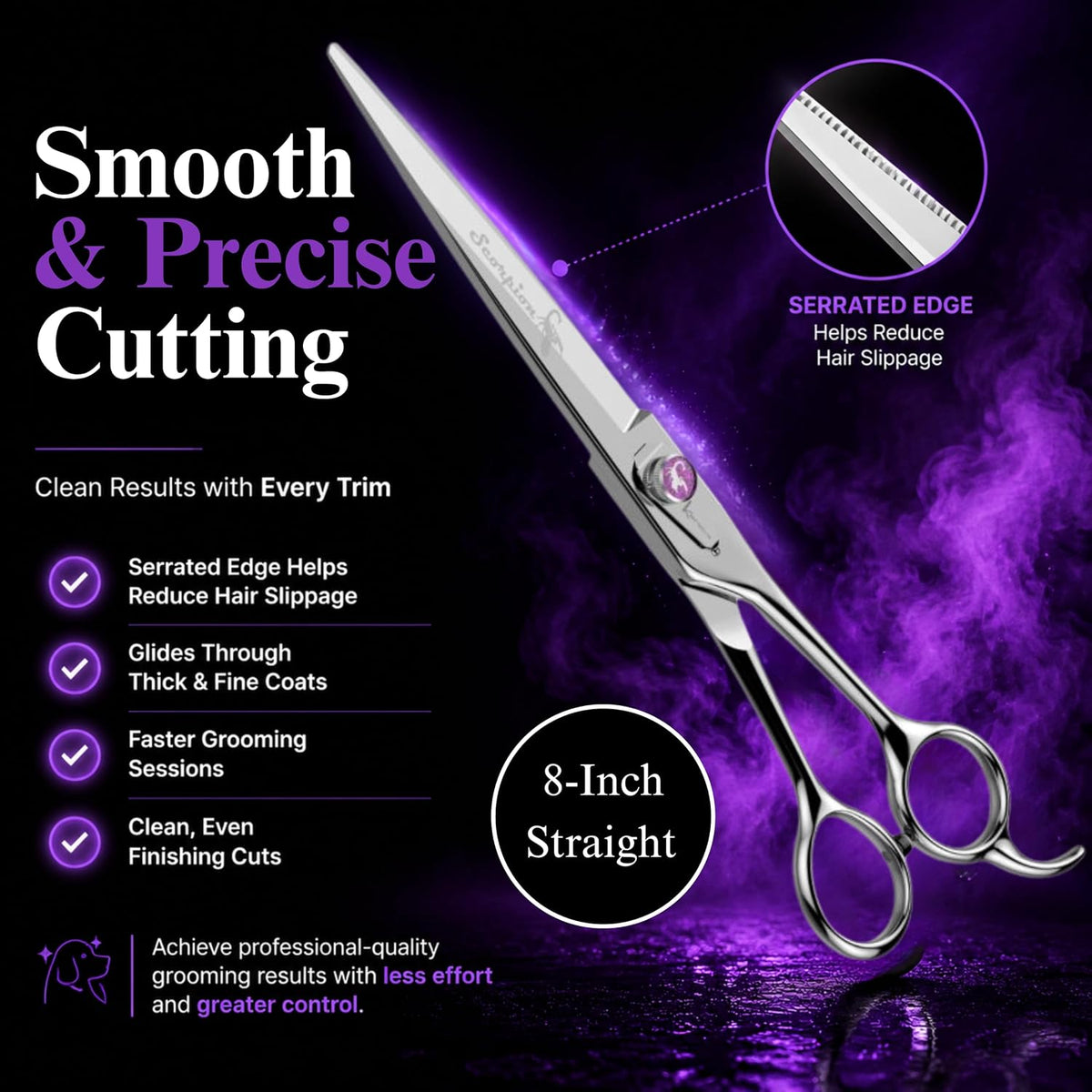 kenchii scorpion dog grooming scissors 8in straight, micro-serrated, close-up detail