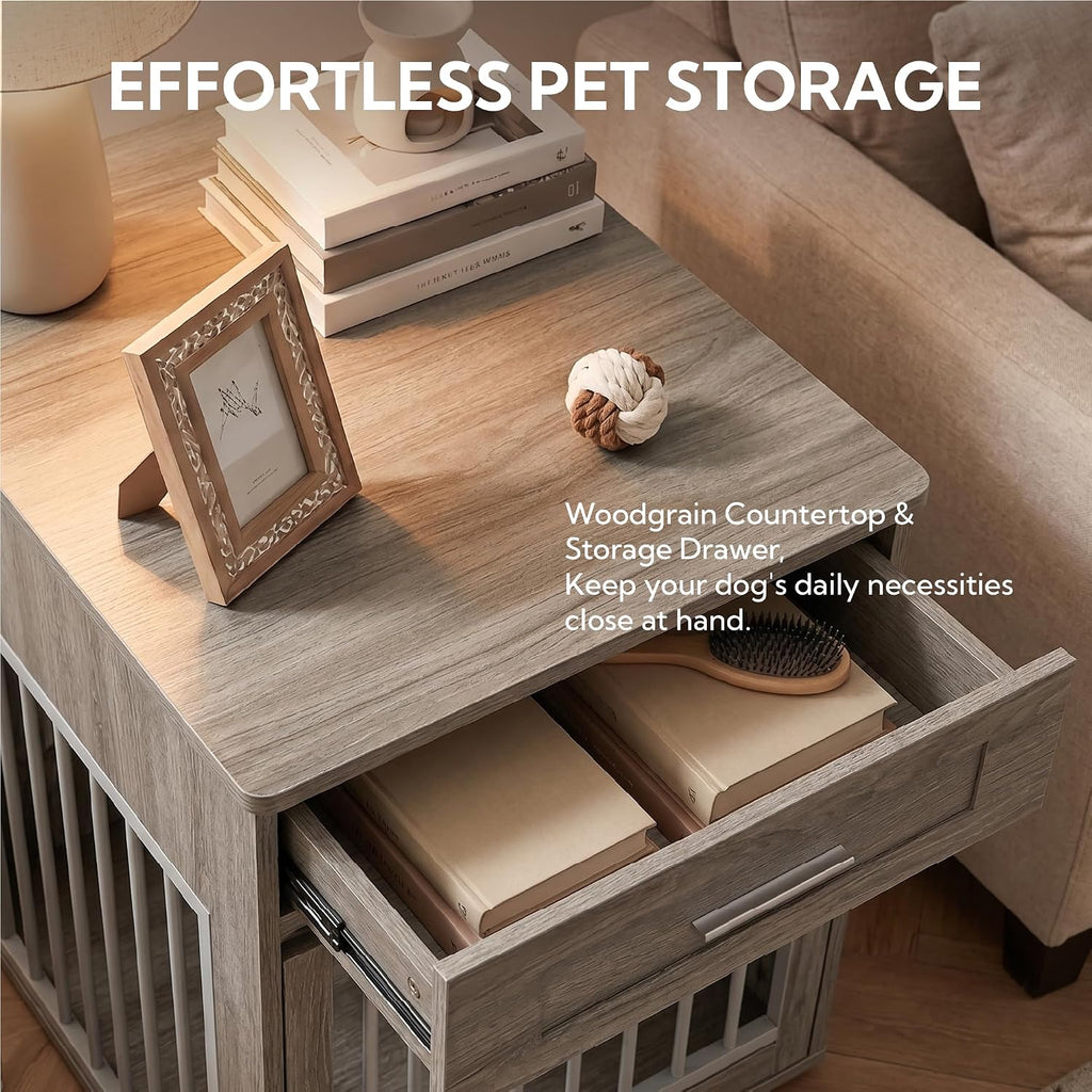 dog crate furniture end table with flip-up door, side view