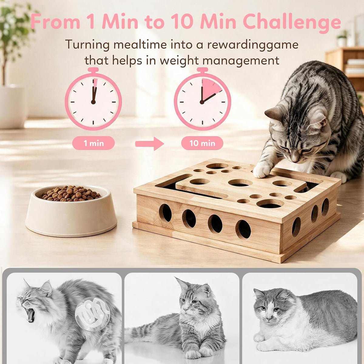 【large&thicken oak 】cat nail file scratcher puzzle box,high-density, side view