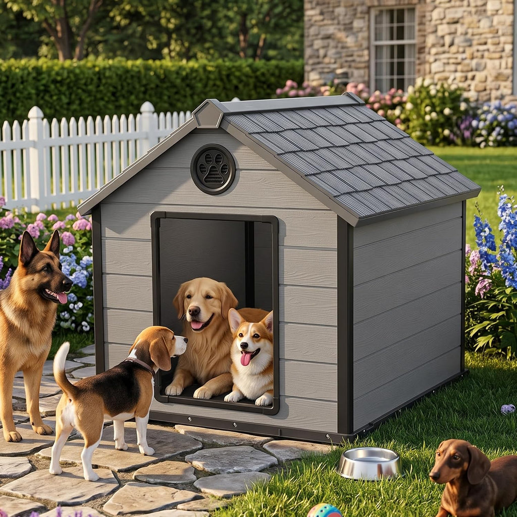57" large dog house outdoor,premium wood-grain resin doghouse,black shown in use