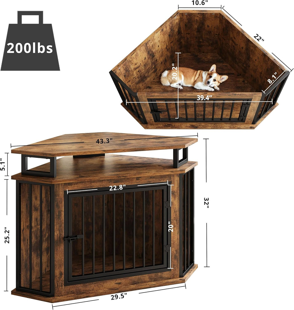 ironck 43.3" corner dog crate furniture with 2-tier, close-up detail