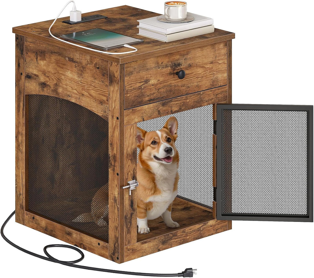 hoobro dog crate furniture, dog kennel with drawer, front angle view