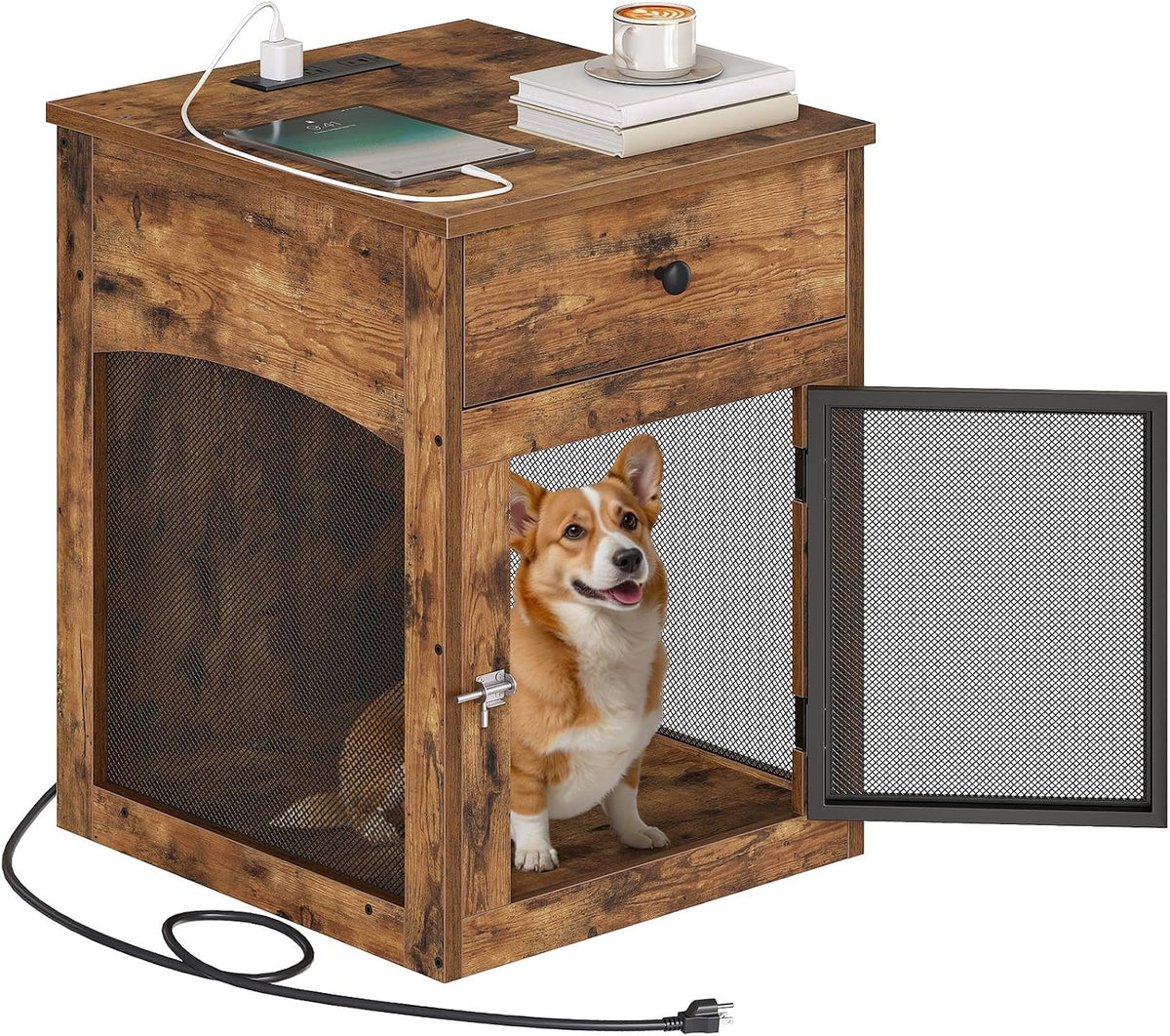 hoobro dog crate furniture, dog kennel with drawer, front angle view
