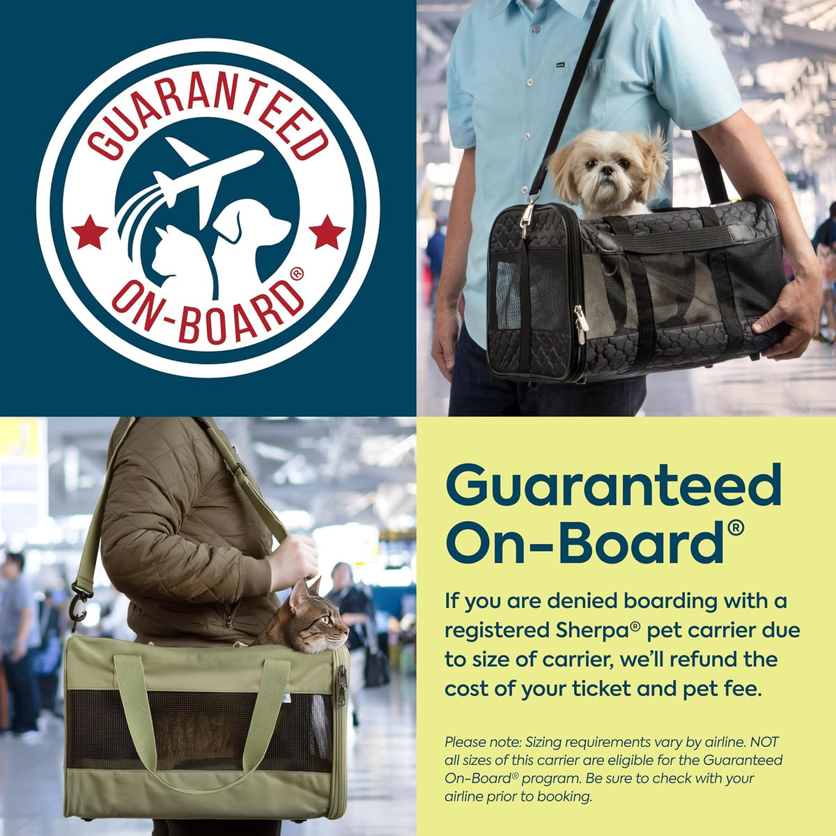 sherpa original deluxe travel pet carrier, airline approved showing dimensions