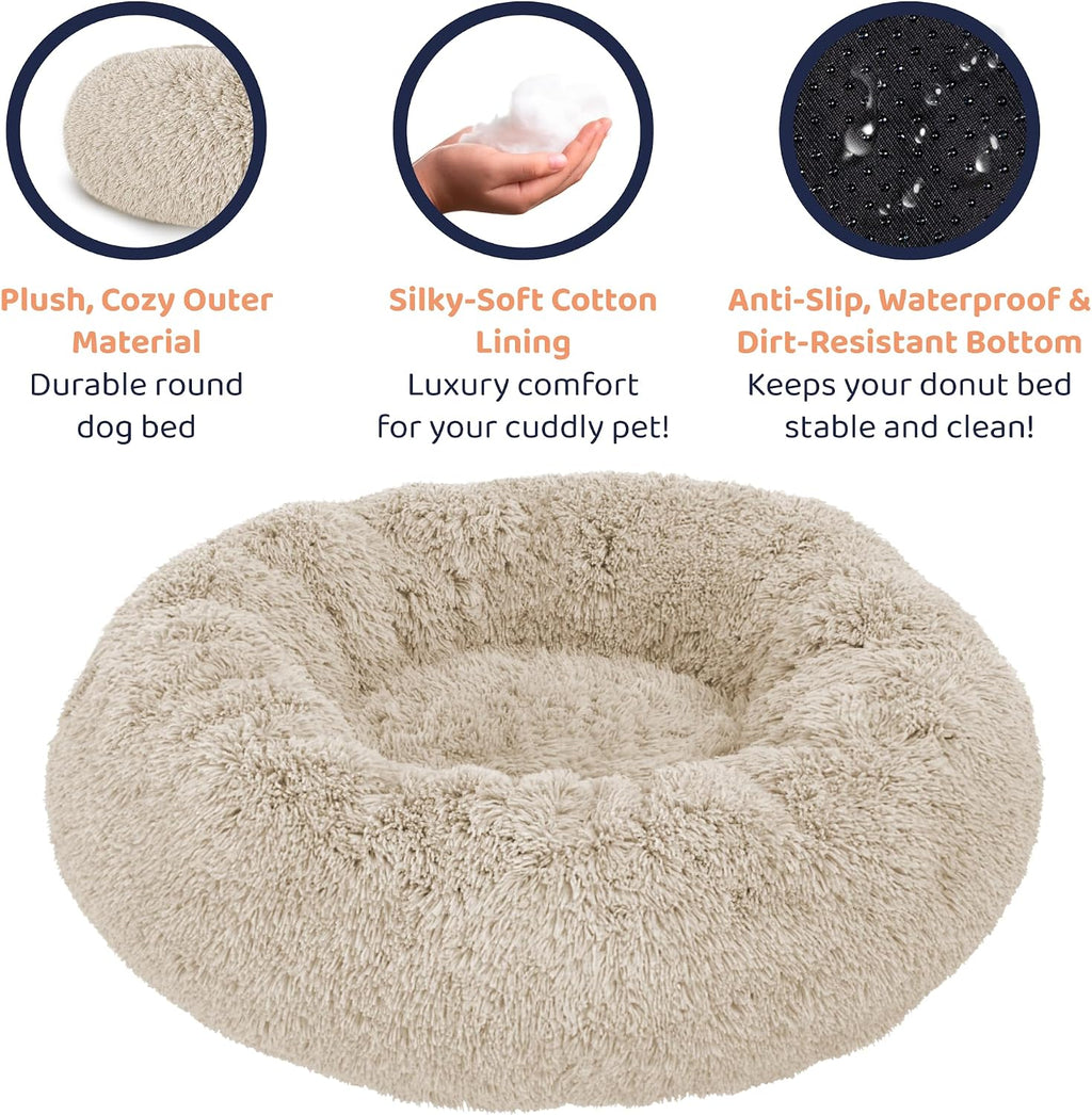 calming donut dog bed for small dogs, round, side view