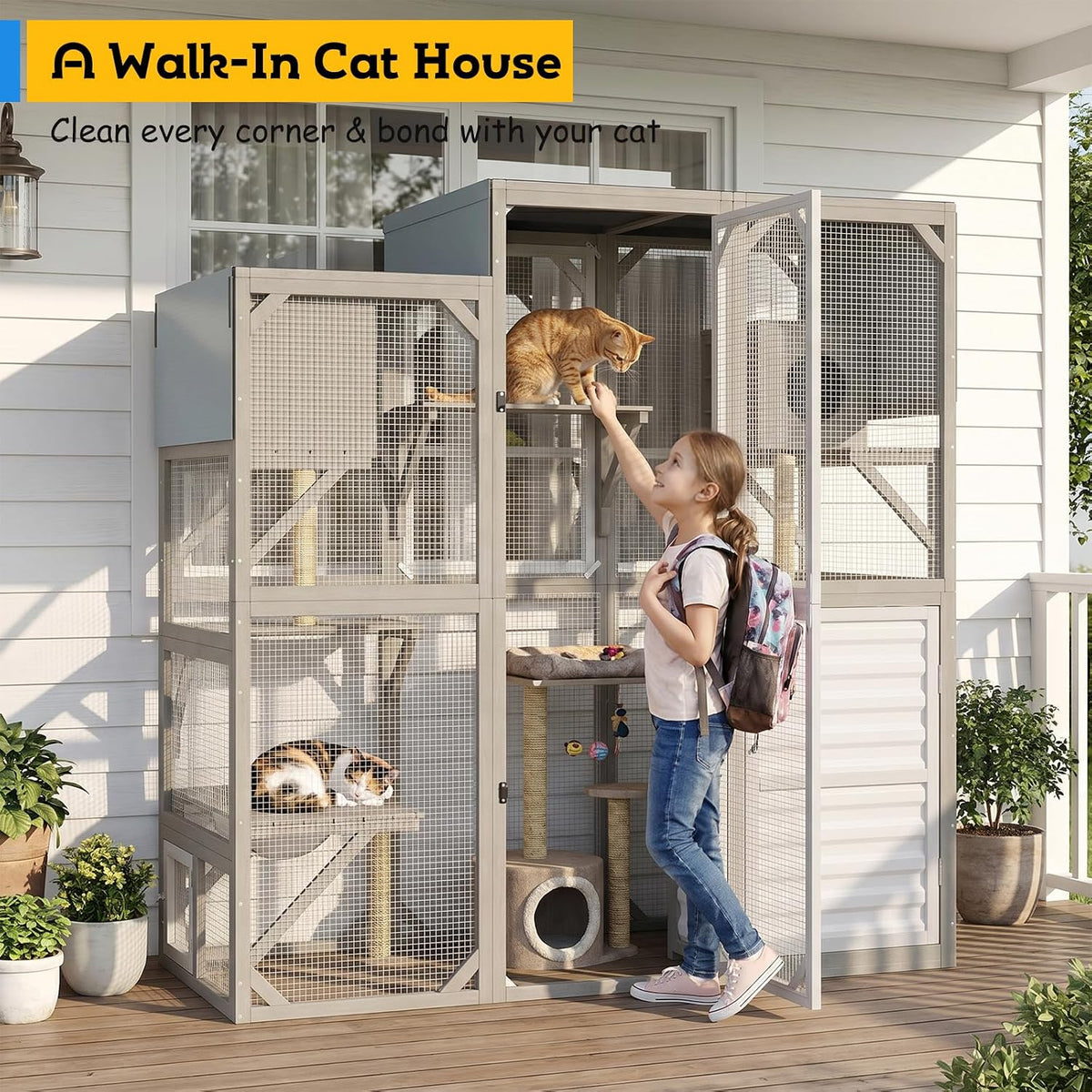 walk-in catio with storage cabinet, large outdoor cat showing dimensions
