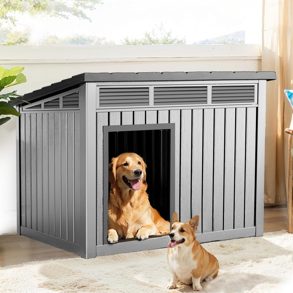 drato dog house, weatherproof resin outdoor dog house shown in use