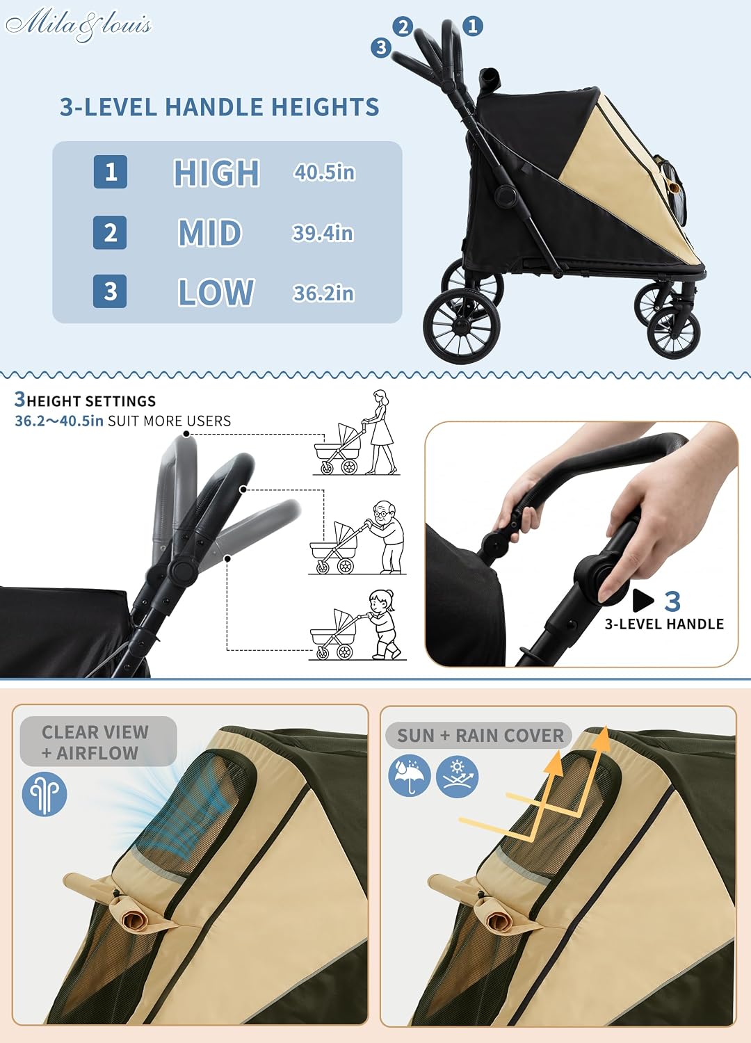 dog stroller for large & 2 dogs, one-click showing dimensions