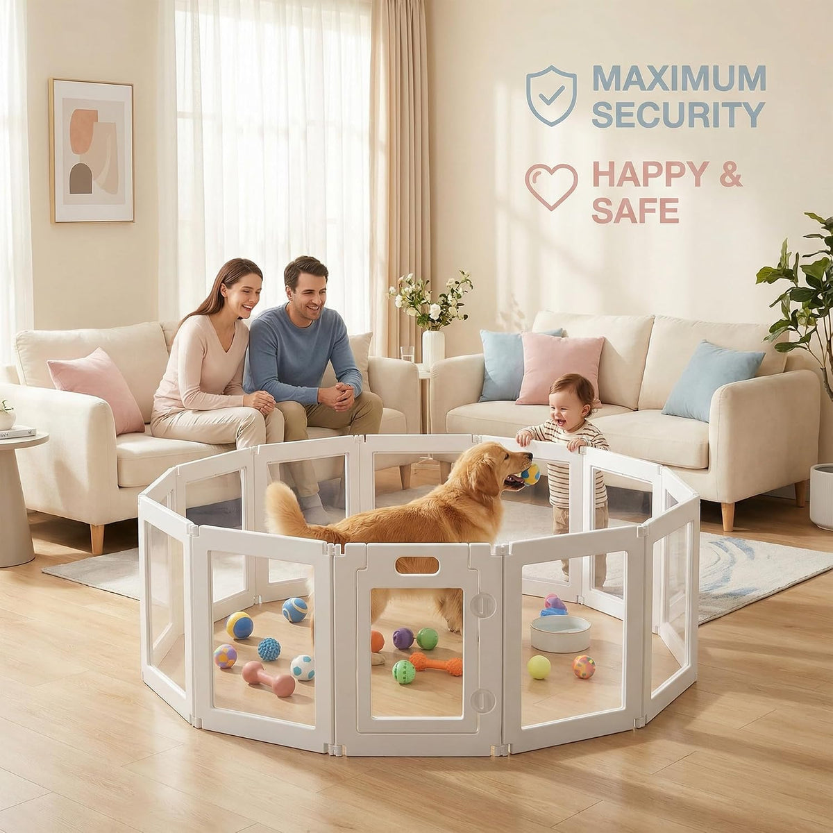 free angle plastic dog playpen, all-in-one assemble playpen showing dimensions