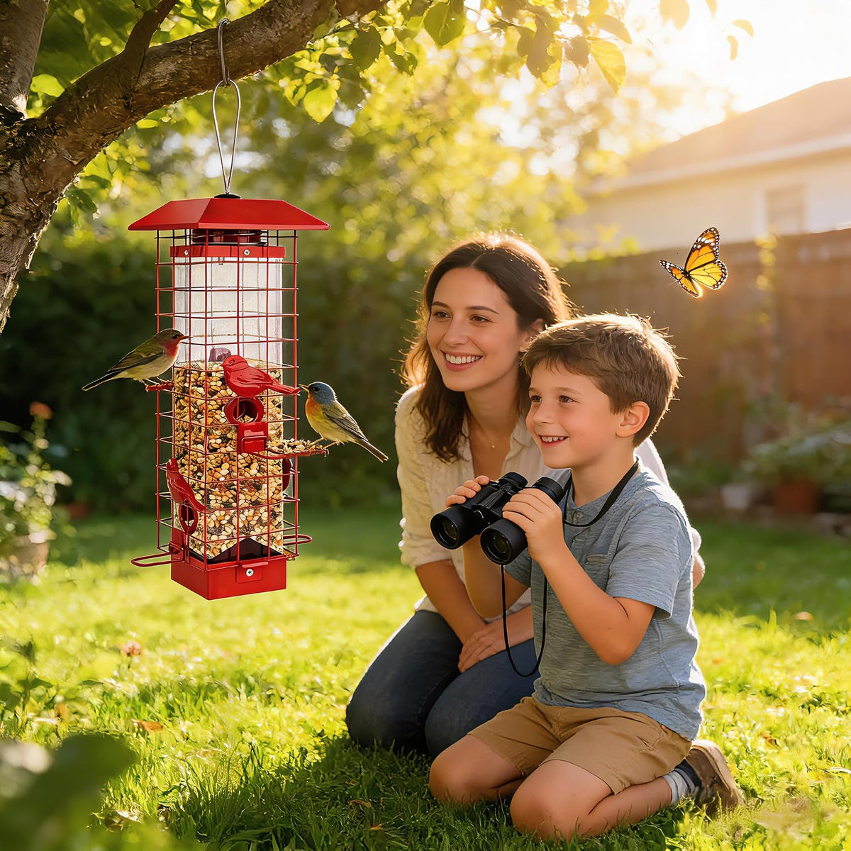 squirrel proof bird feeder, metal sensing cage, 3lb shown in use