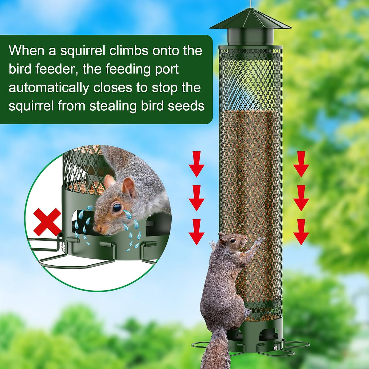 metal squirrel proof bird feeders for outdoors hanging shown in use