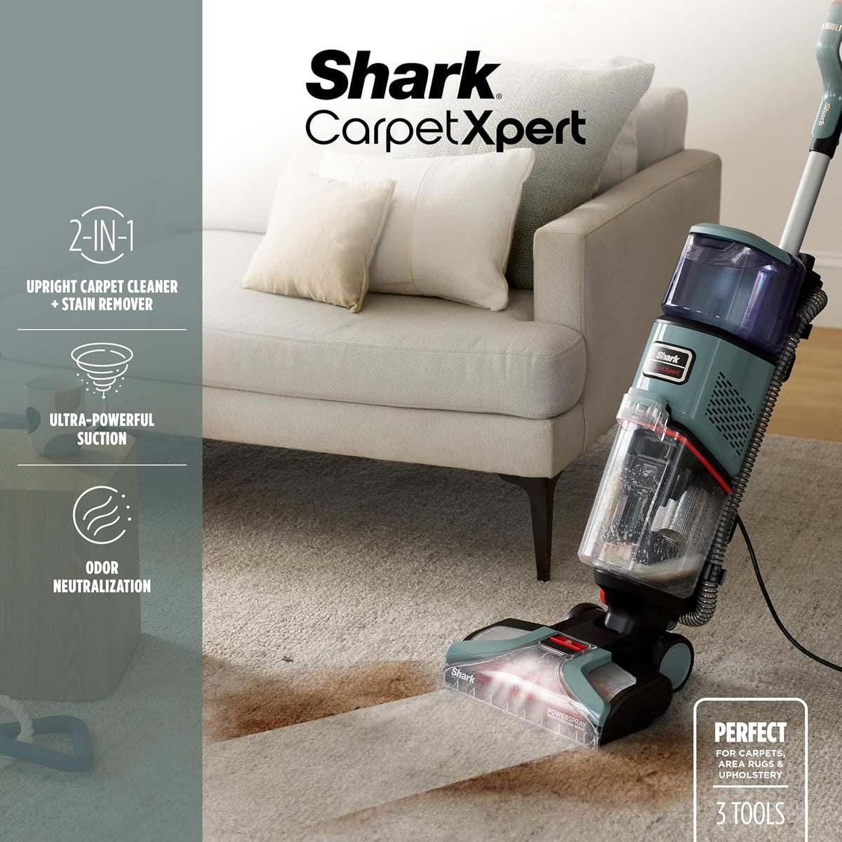 shark carpetxpert upright carpet & built-in stain cleaner shown in use
