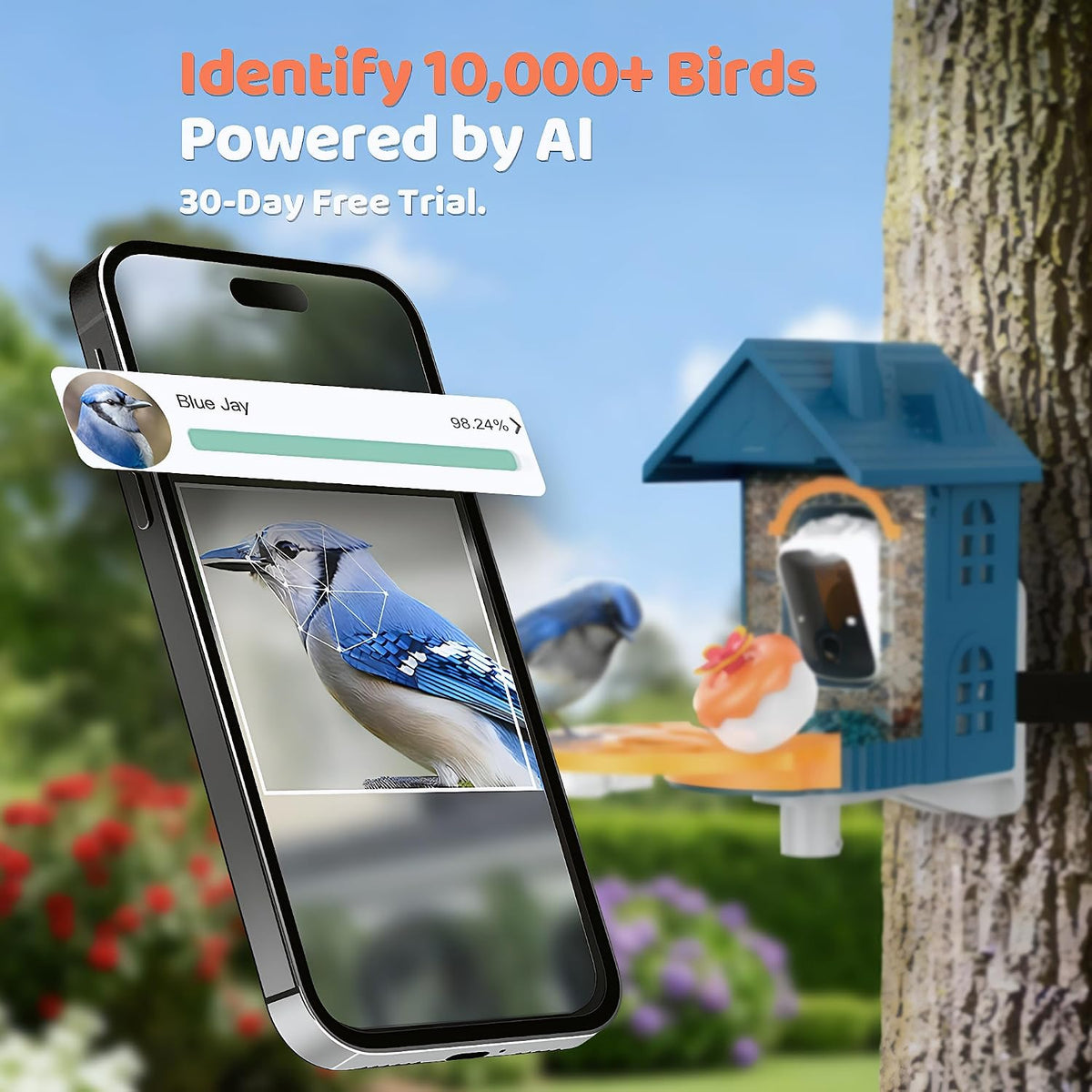 smart bird feeder camera solar powered,2k hd video, side view