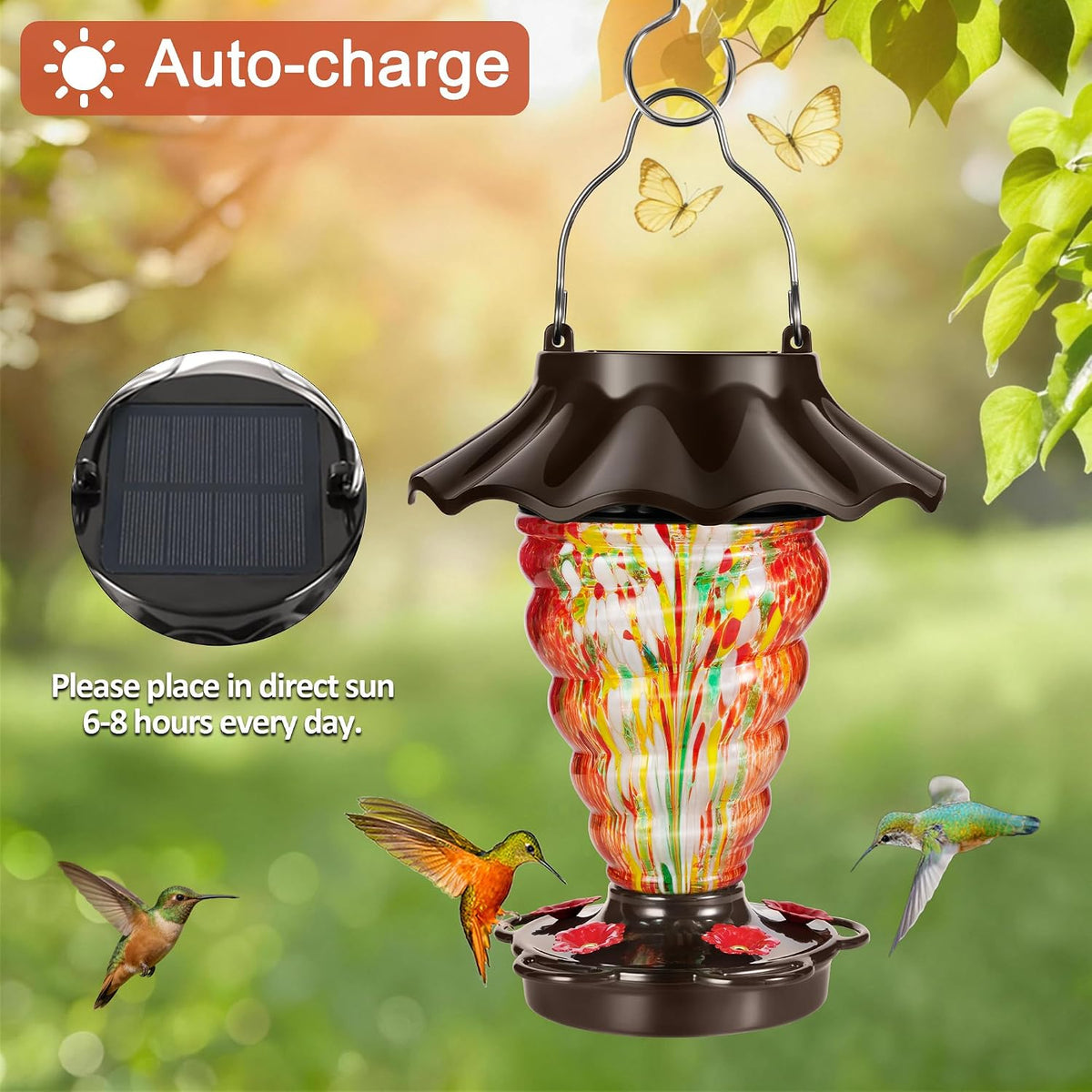 lujii solar hummingbird feeder for outdoor hanging, rgb shown in use