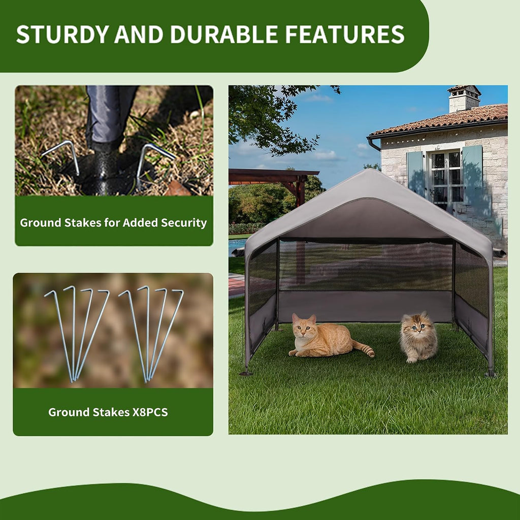 summertrail extra large dog house outside, dog shade, close-up detail