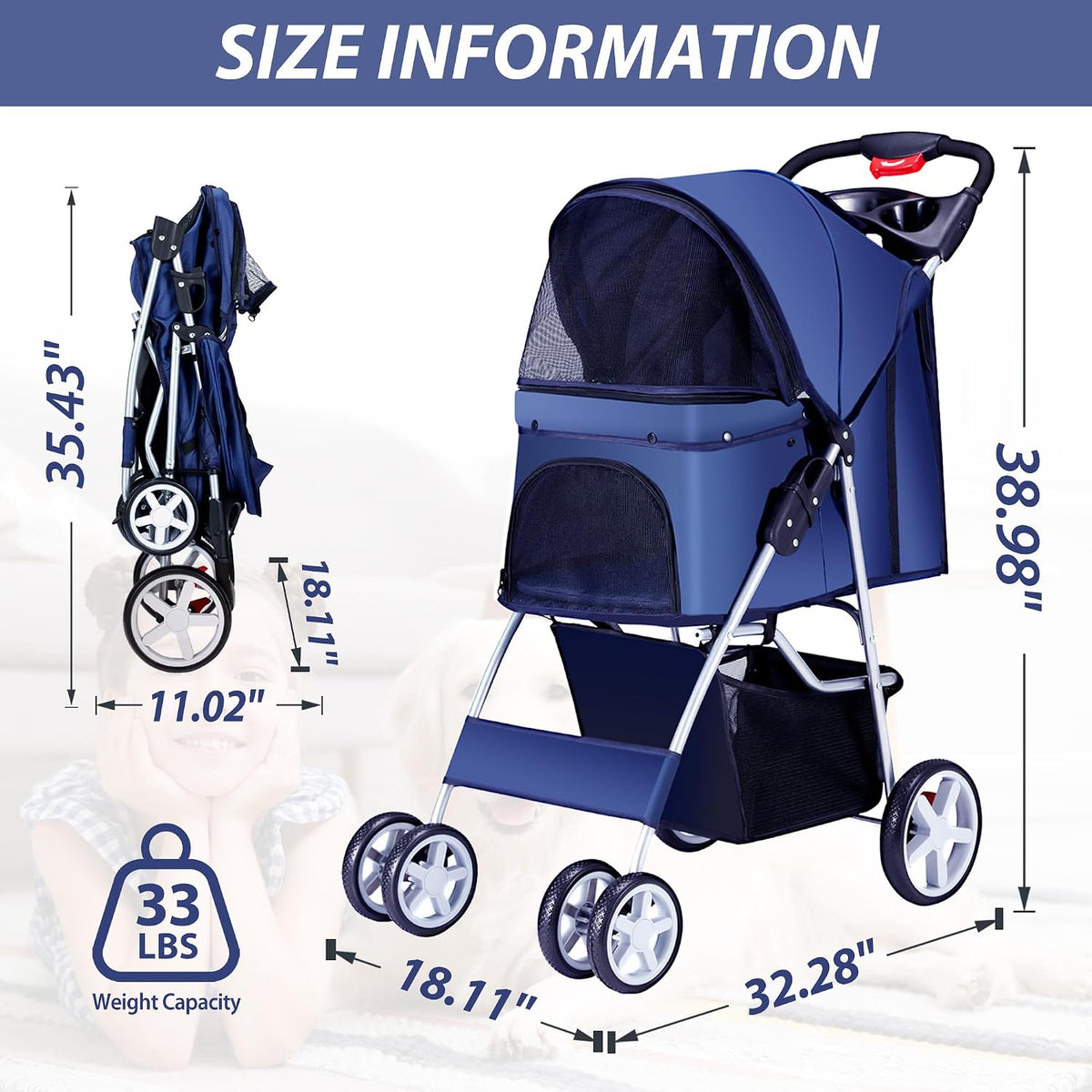 unisakey foldable 4-wheel pet stroller for dogs cats, close-up detail