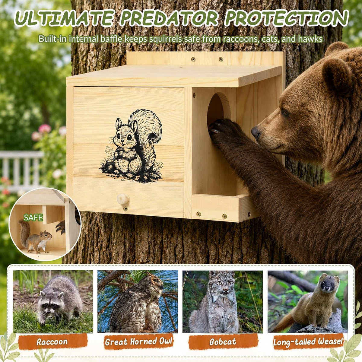 large squirrel house for outside, squirrel nesting box, side view