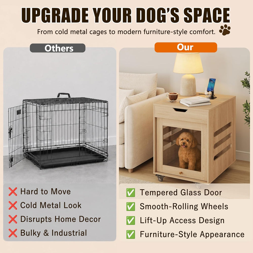 small dog crate furniture with flip-up glass door on a desk or shelf
