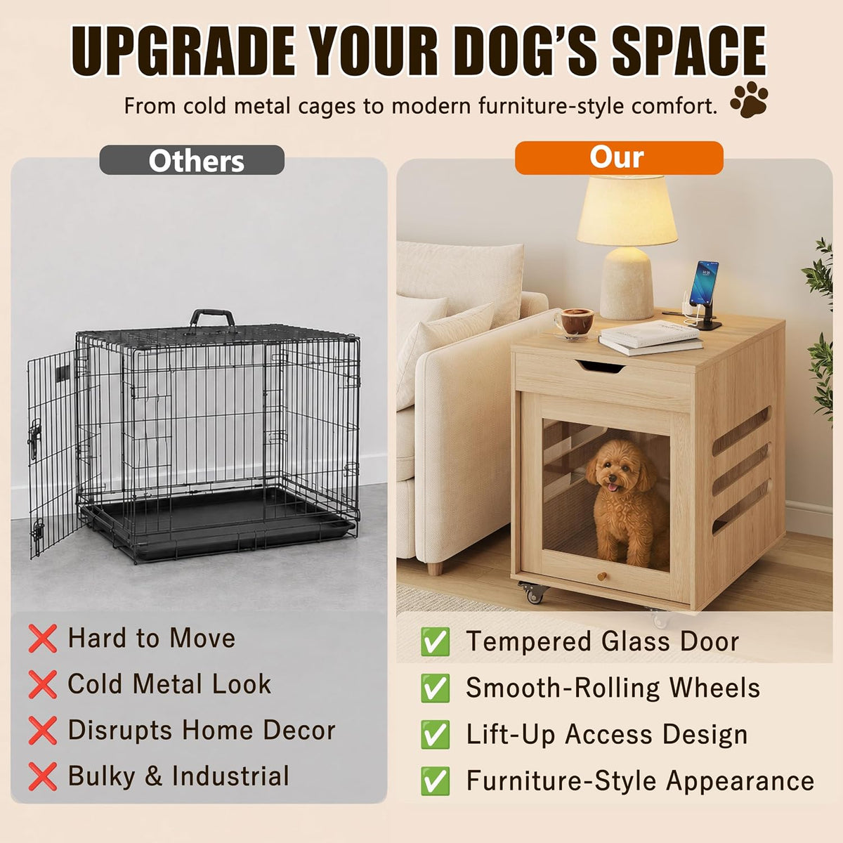 small dog crate furniture with flip-up glass door on a desk or shelf