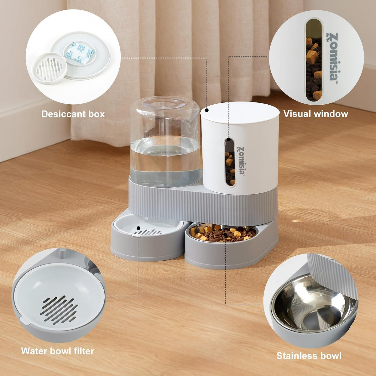 zomisia gravity cat feeder and water dispenser showing dimensions