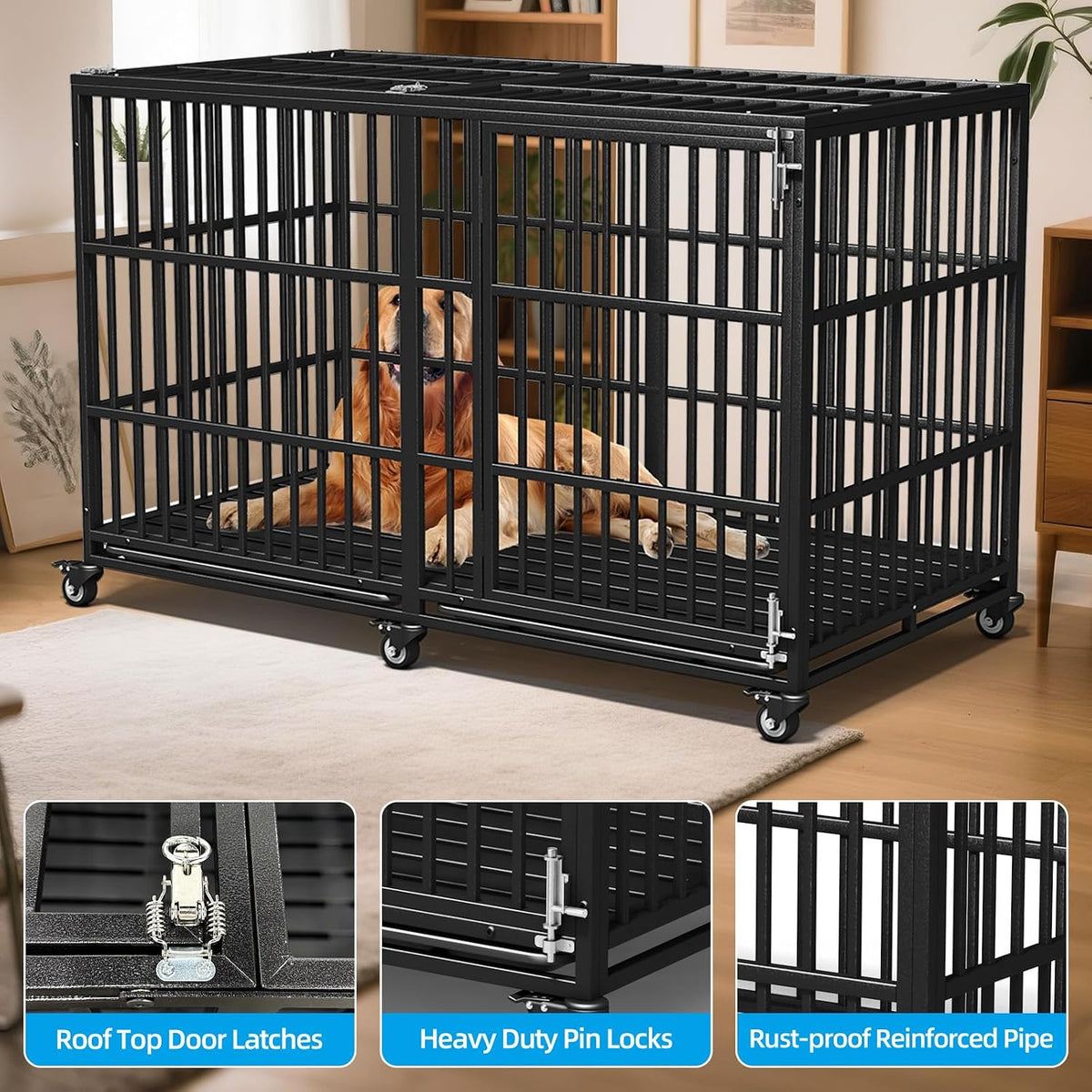 64 inch heavy duty dog crate, durable escape-proof showing dimensions