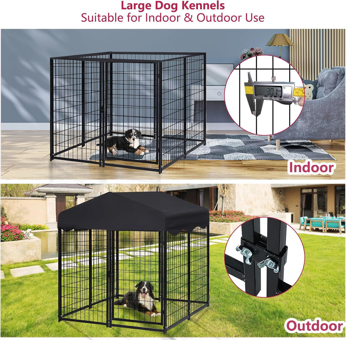 dog kennel outside, 4.5' x 4' x 4' showing dimensions