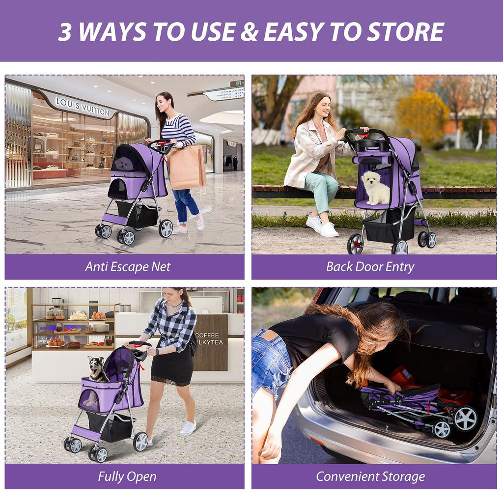 unisakey foldable 4-wheel pet stroller for dogs cats, front angle view