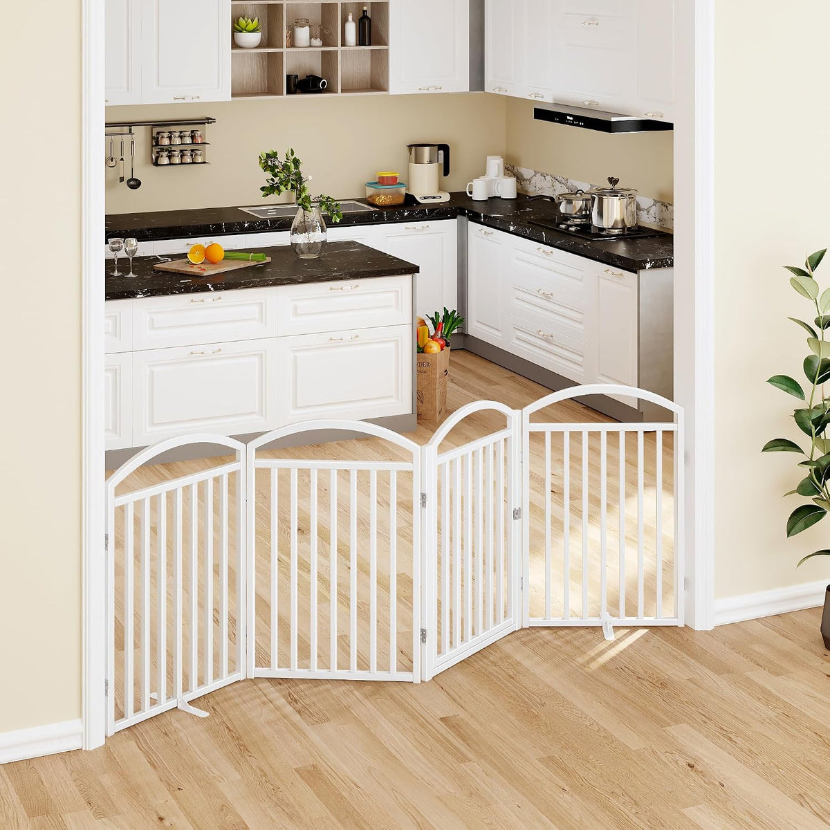 foldable pet fence 96" wide, 32" tall,no-assembly dog showing dimensions