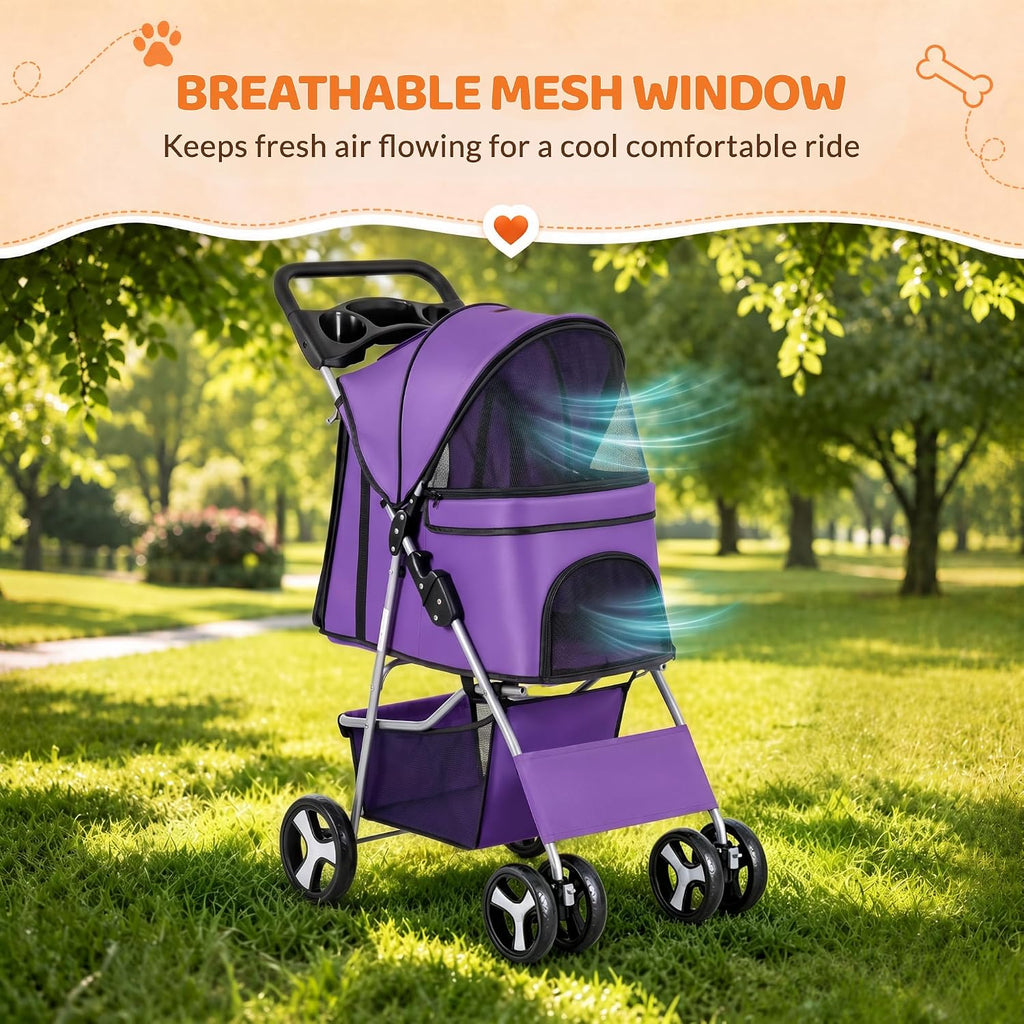 zeny foldable pet stroller, cat/dog stroller with 4, front angle view
