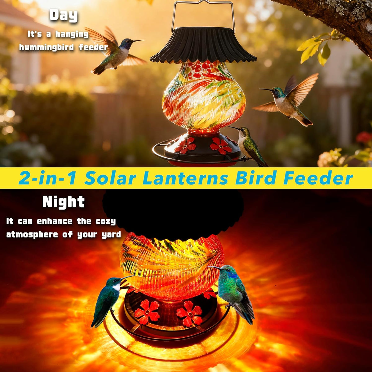solar hummingbird feeder, hand blown glass multicolor night showing dimensions