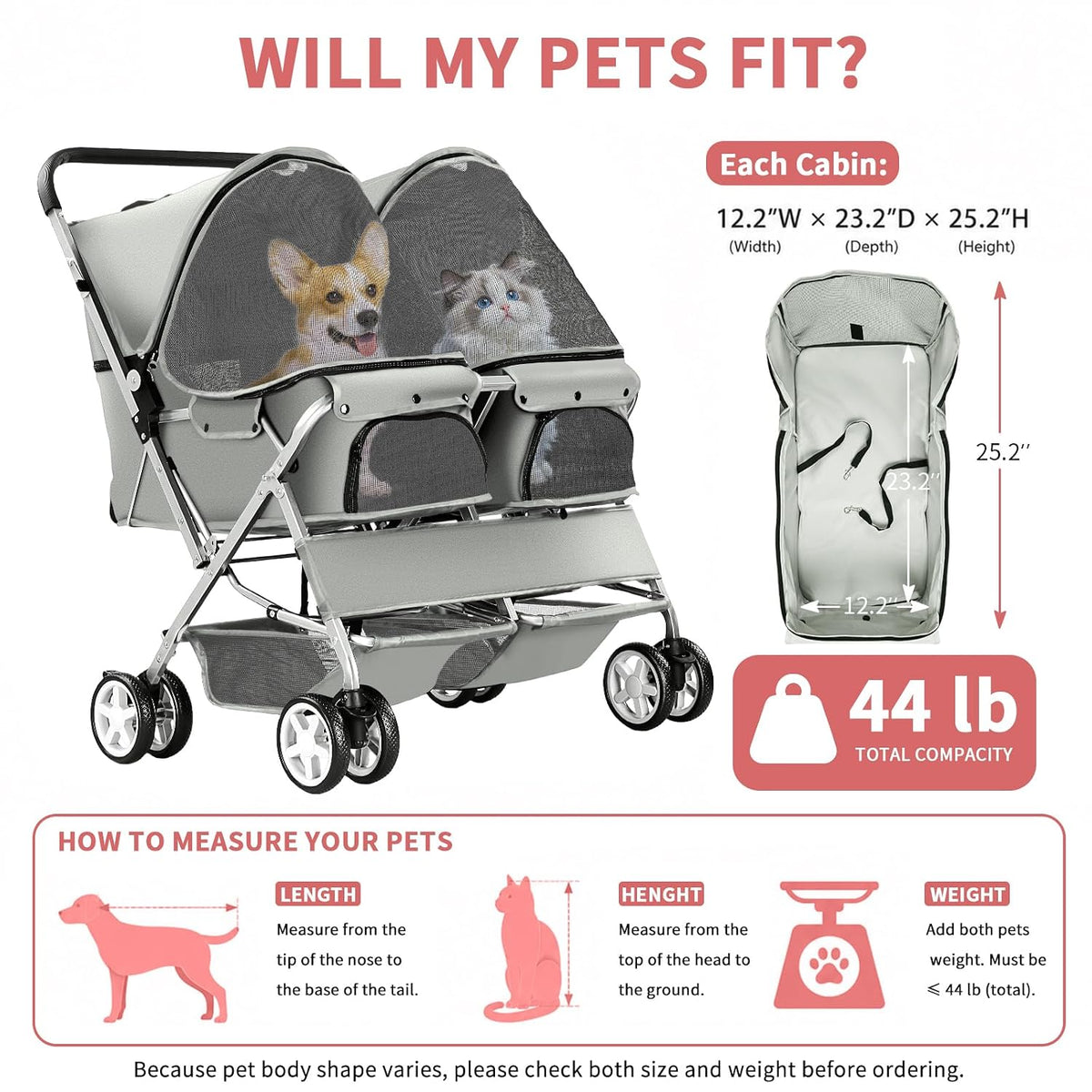 double pet stroller for 2 dogs & cats, close-up detail
