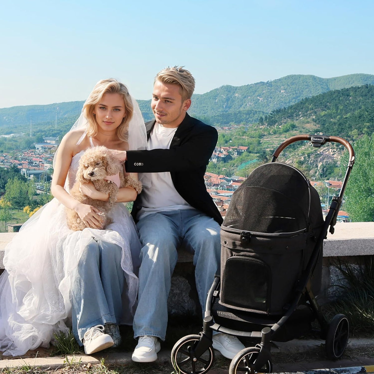 pet stroller for small medium dogs cats, dog showing dimensions